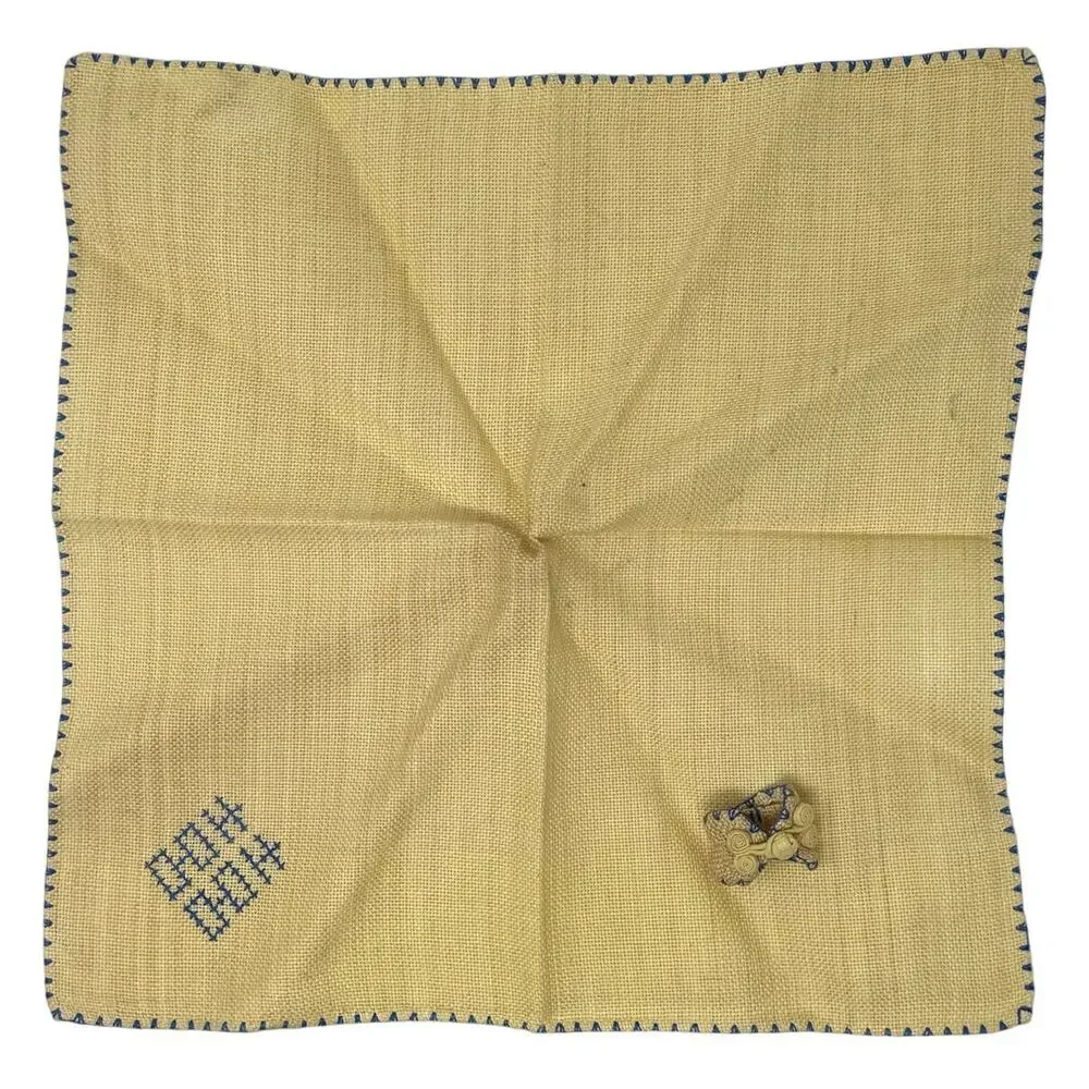 Vintage 80s Yellow Linen Napkins & Rings Set Hand Stitched Blue